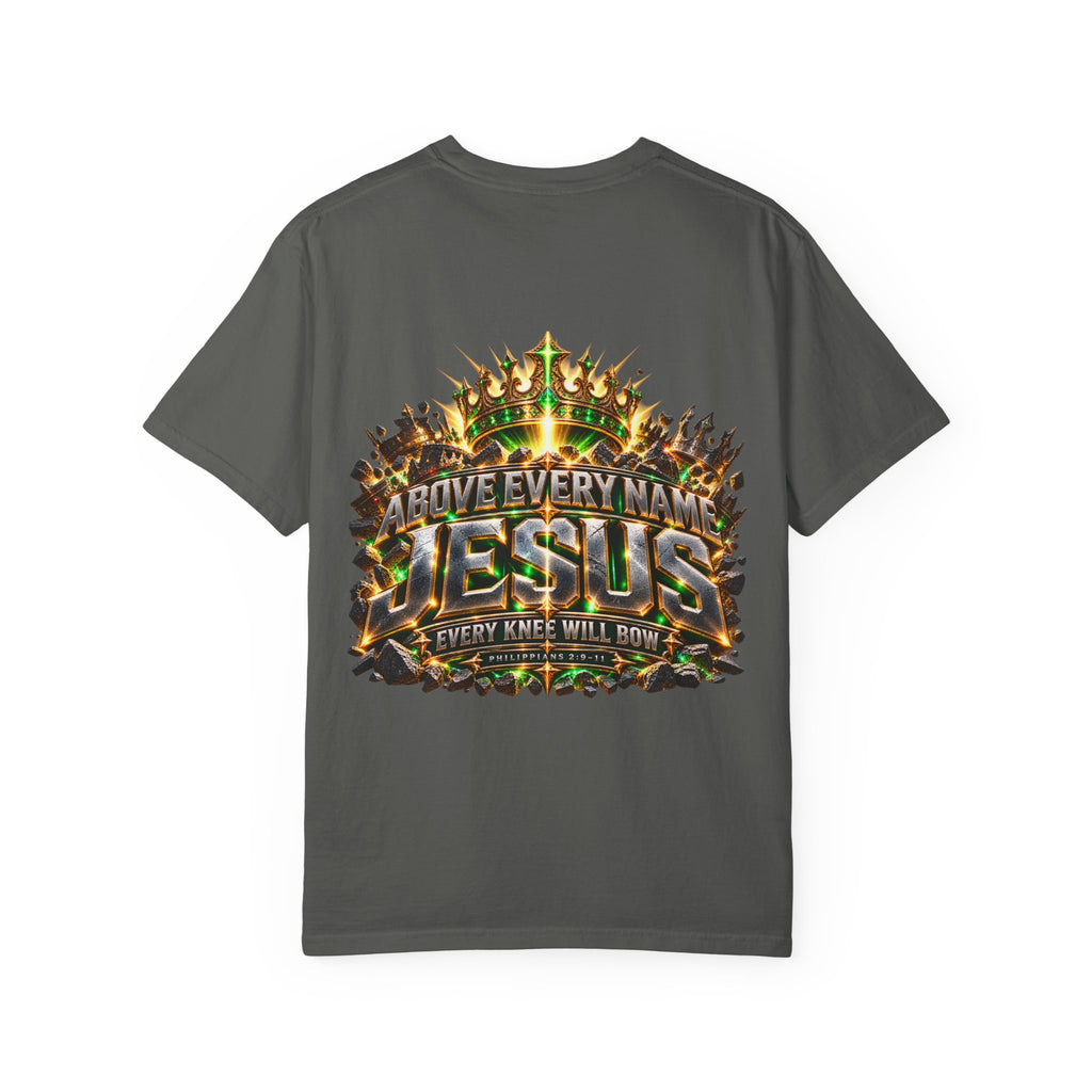 T-shirt featuring “Above Every Name Jesus”, crown imagery and  and forged-style lettering; adventurous spirit.