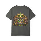 T-shirt featuring “Above Every Name Jesus”, crown imagery and  and forged-style lettering; adventurous spirit.