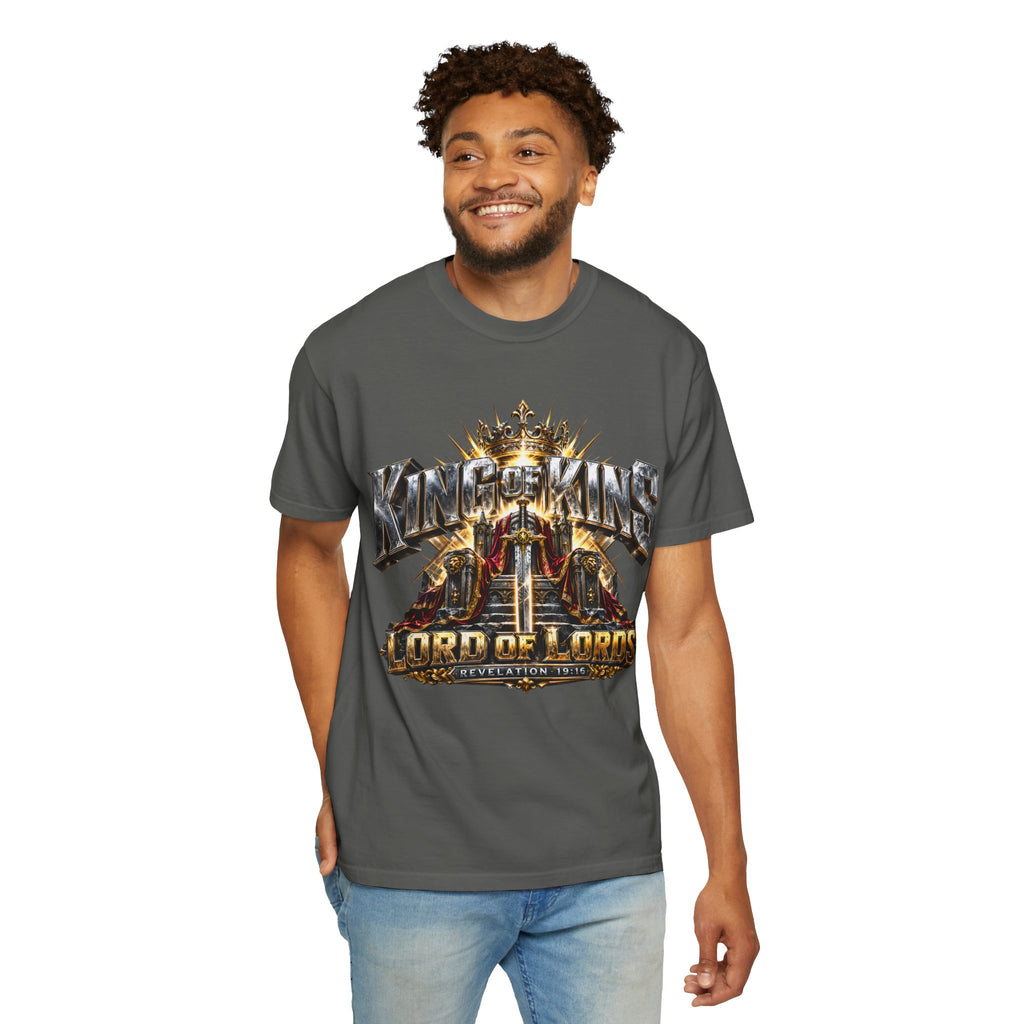 “King of Kings Lord of Lords” Christian T-shirt with crown imagery and ; expressive everyday style.