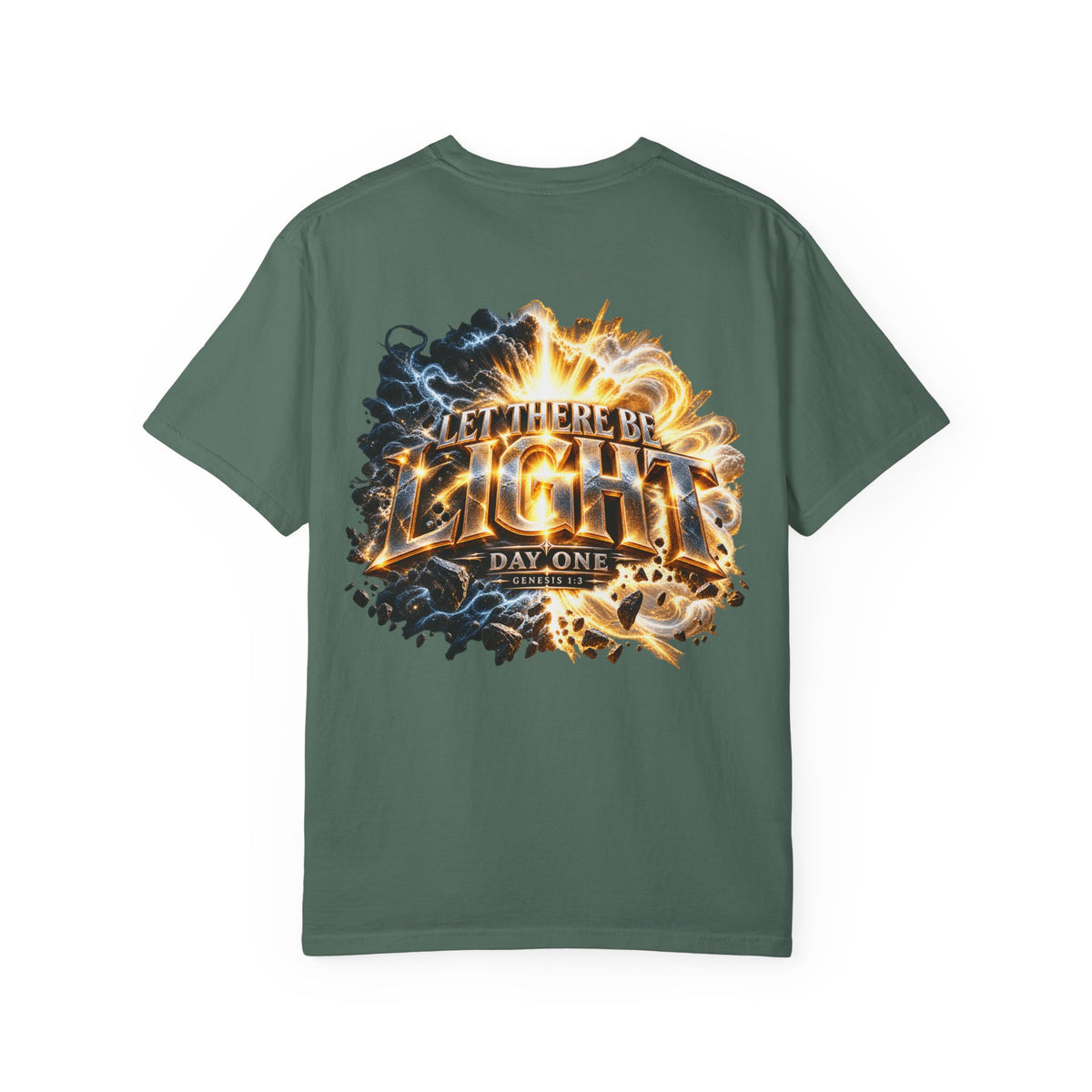 T-shirt featuring "Let There Be Light" — Genesis scripture and bold lettering, front and back design — Kingdom Stuff NZ; warm encouragement

