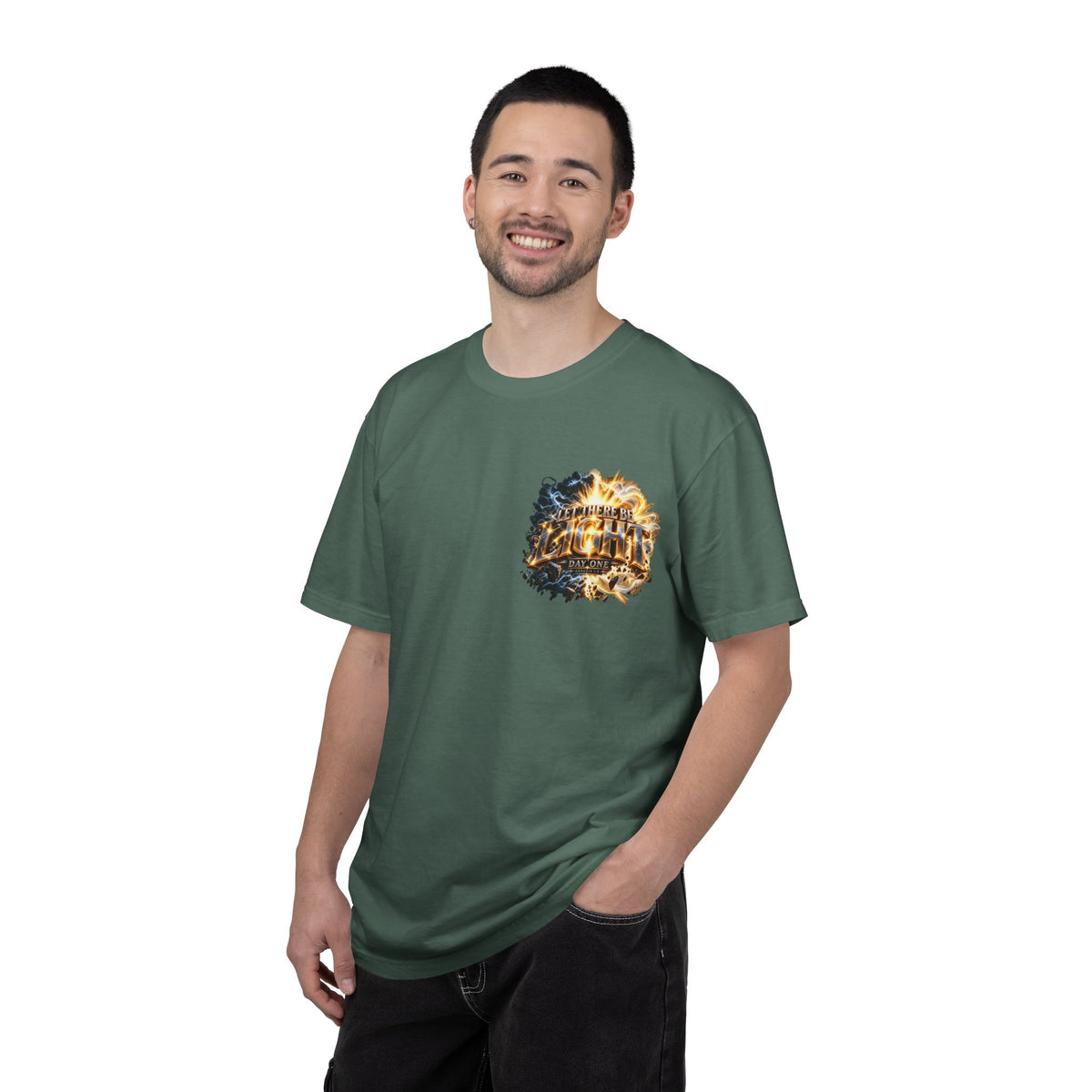 T-shirt featuring "Let There Be Light" — Genesis scripture and bold lettering, front and back design — Kingdom Stuff NZ; joyful confidence

