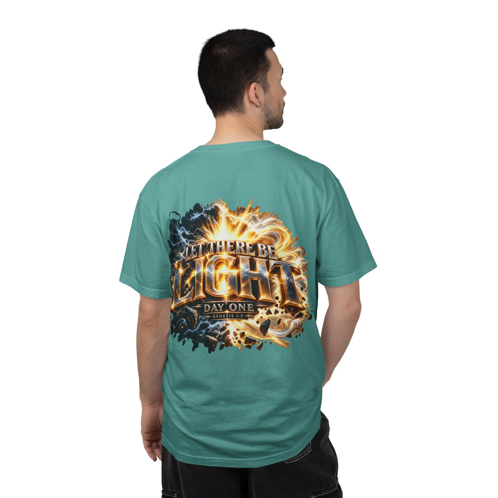 T-shirt featuring “Let There Be Light graphigraphic", Genesis scripture and bold lettering, front and back design Genesis scripture and bold lettering; warm encouragement.