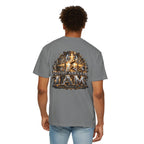 T-shirt featuring “Before Abraham I Am”,  and forged-style lettering; uplifting confidence.