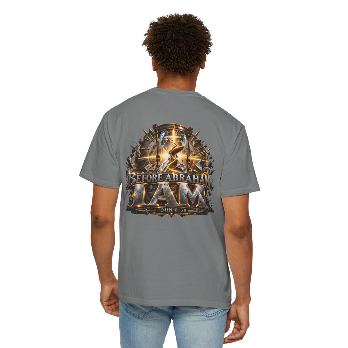 T-shirt featuring “Before Abraham I Am”,  and forged-style lettering; uplifting confidence.