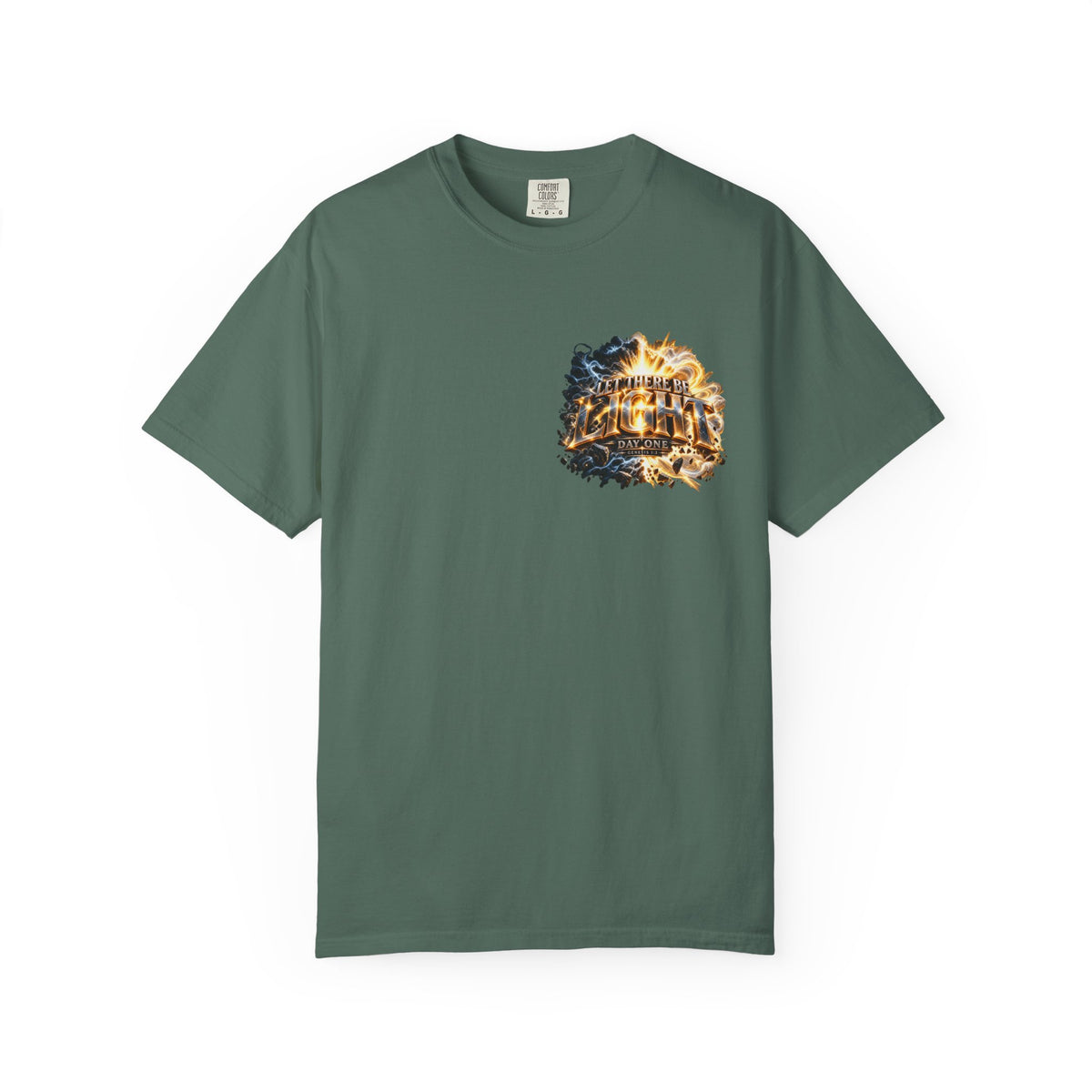 T-shirt featuring “Let There Be Light graphigraphic", Genesis scripture and bold lettering, front and back design Genesis scripture and bold lettering; calm strength.