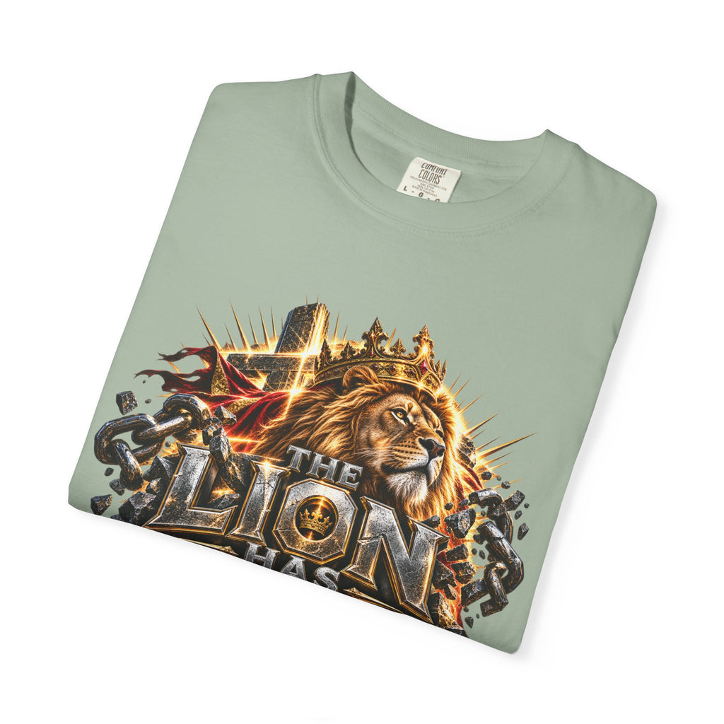 “Lion of Judah Conquered Graphic” Christian T-shirt with lion artwork and ; confident casual style.