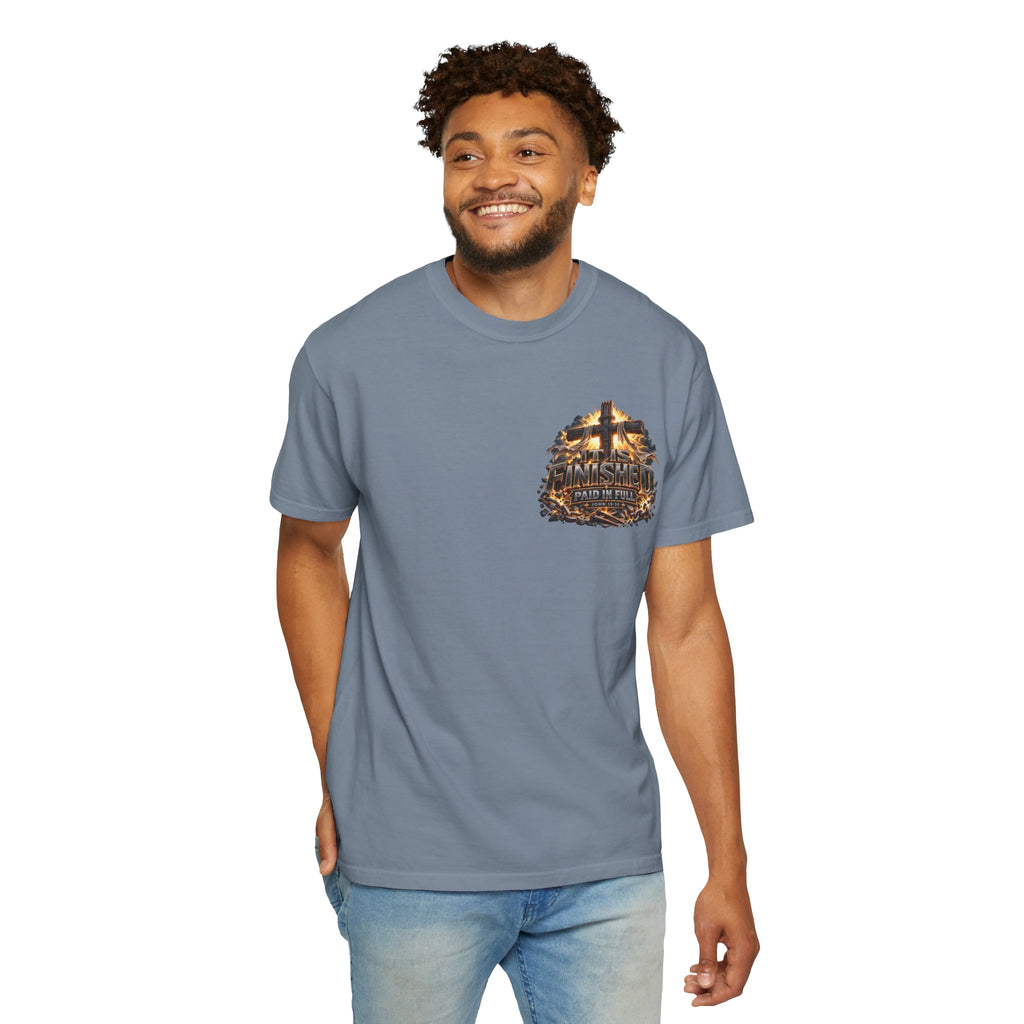 “It Is Finished Cross Flames” Christian T-shirt with cross imagery and ; calm grounded style.