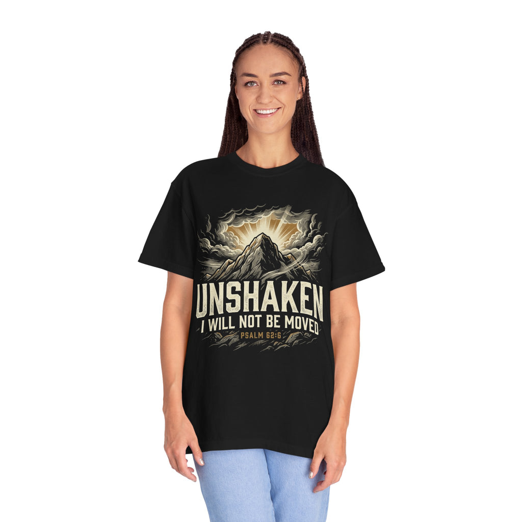 “Unshaken Mountain Illustration” Christian T-shirt with mountain imagery and fire detail; timeless faith style.