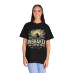 “Unshaken Mountain Illustration” Christian T-shirt with mountain imagery and fire detail; timeless faith style.