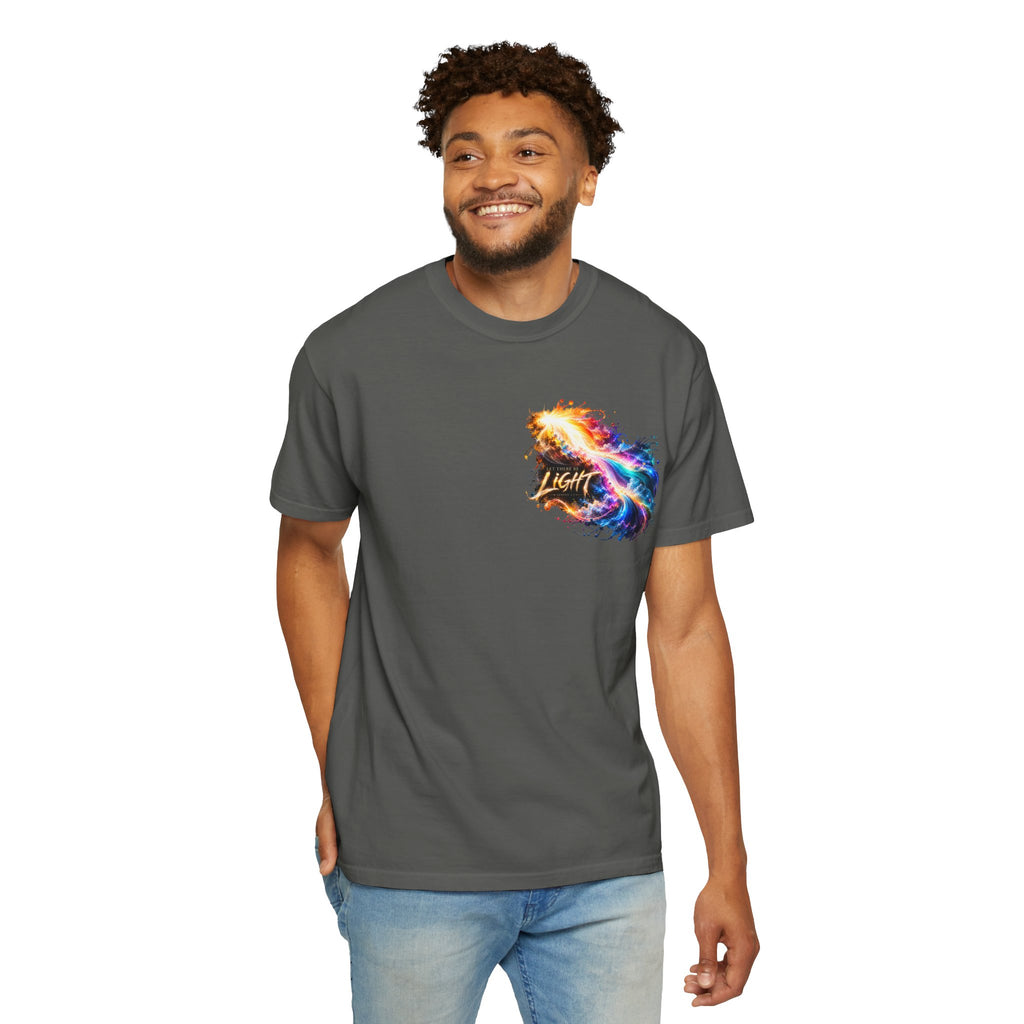 “Rainbow Flame Feather 'Be the Light'” Christian T-shirt with cross imagery and ; expressive everyday style.