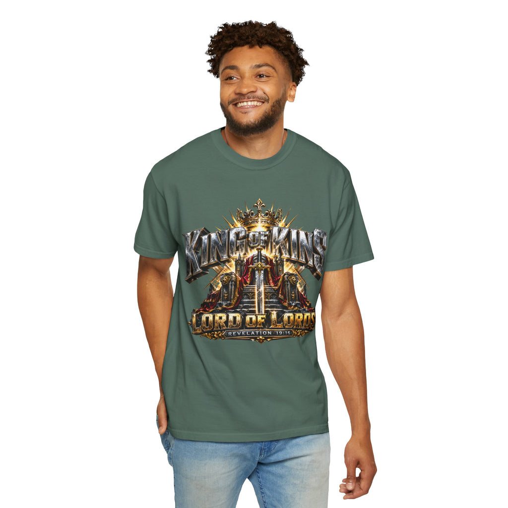 “King of Kings Lord of Lords” Christian T-shirt with crown imagery and ; modern statement style.