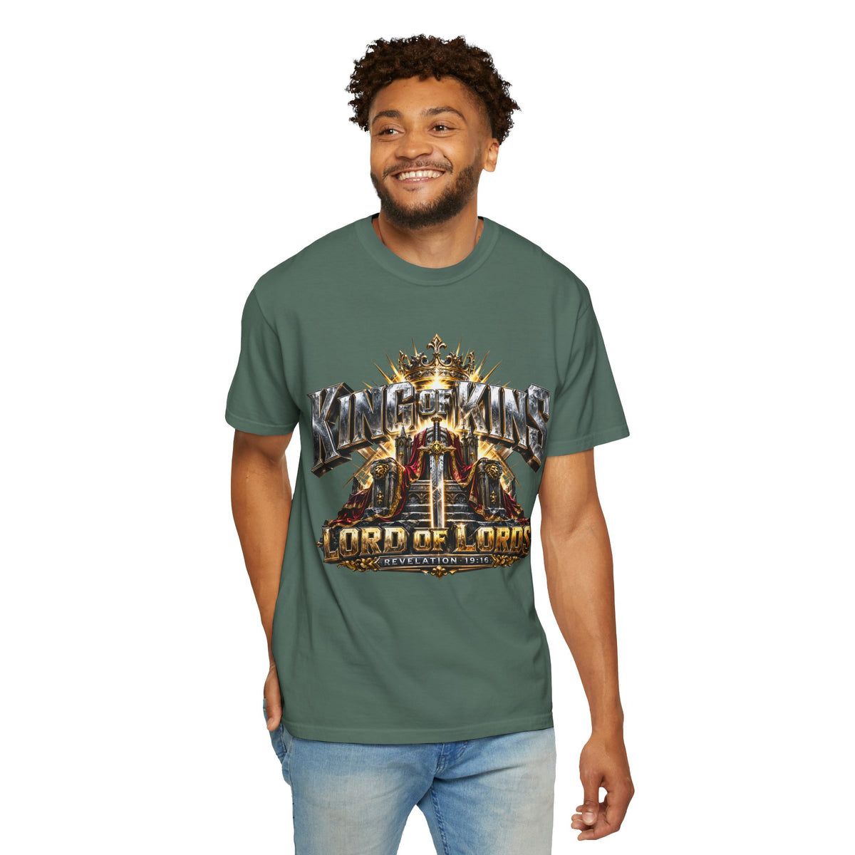 “King of Kings Lord of Lords” Christian T-shirt with crown imagery and ; modern statement style.