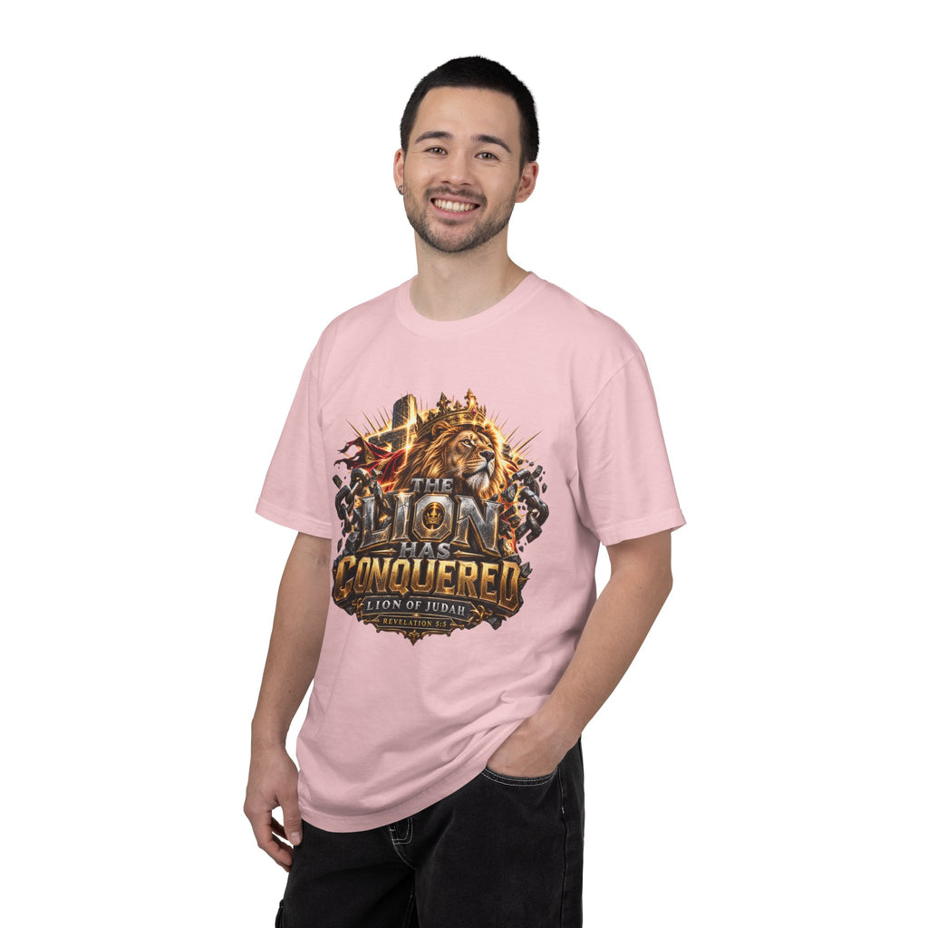 “Lion of Judah Conquered Graphic” Christian T-shirt with lion artwork and ; uplifting everyday style.