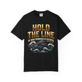 Black T-shirt featuring “Hold The Line”, anchor motif and fire detail and distressed lettering; courageous energy.