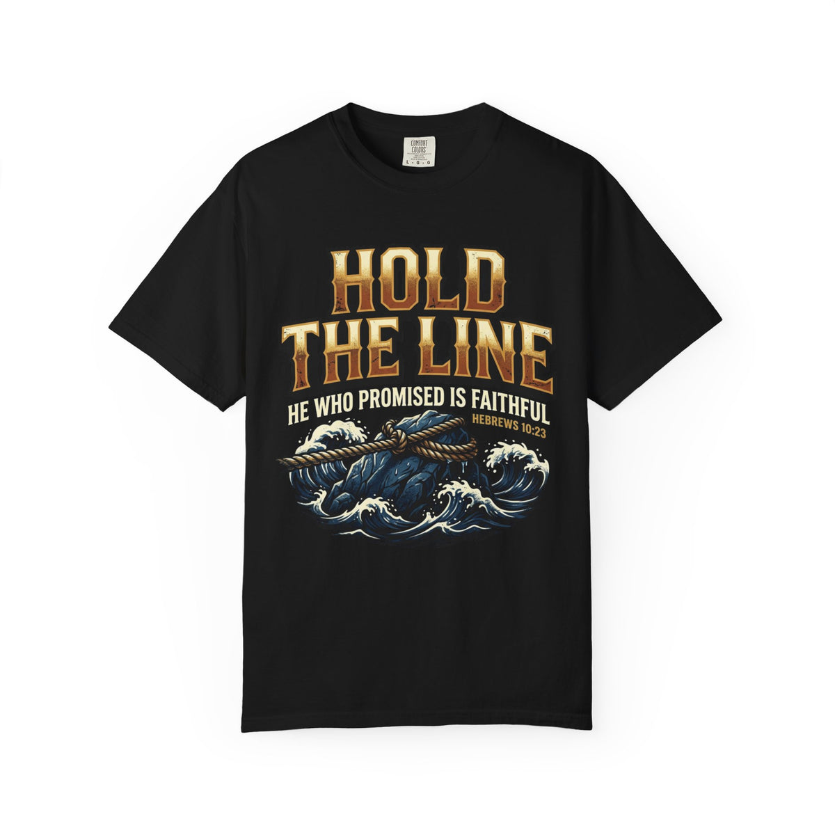 Black T-shirt featuring “Hold The Line”, anchor motif and fire detail and distressed lettering; courageous energy.