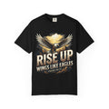 Black T-shirt featuring “Rise Up Wings Like Eagles”, eagle artwork and vintage lettering; courageous energy.