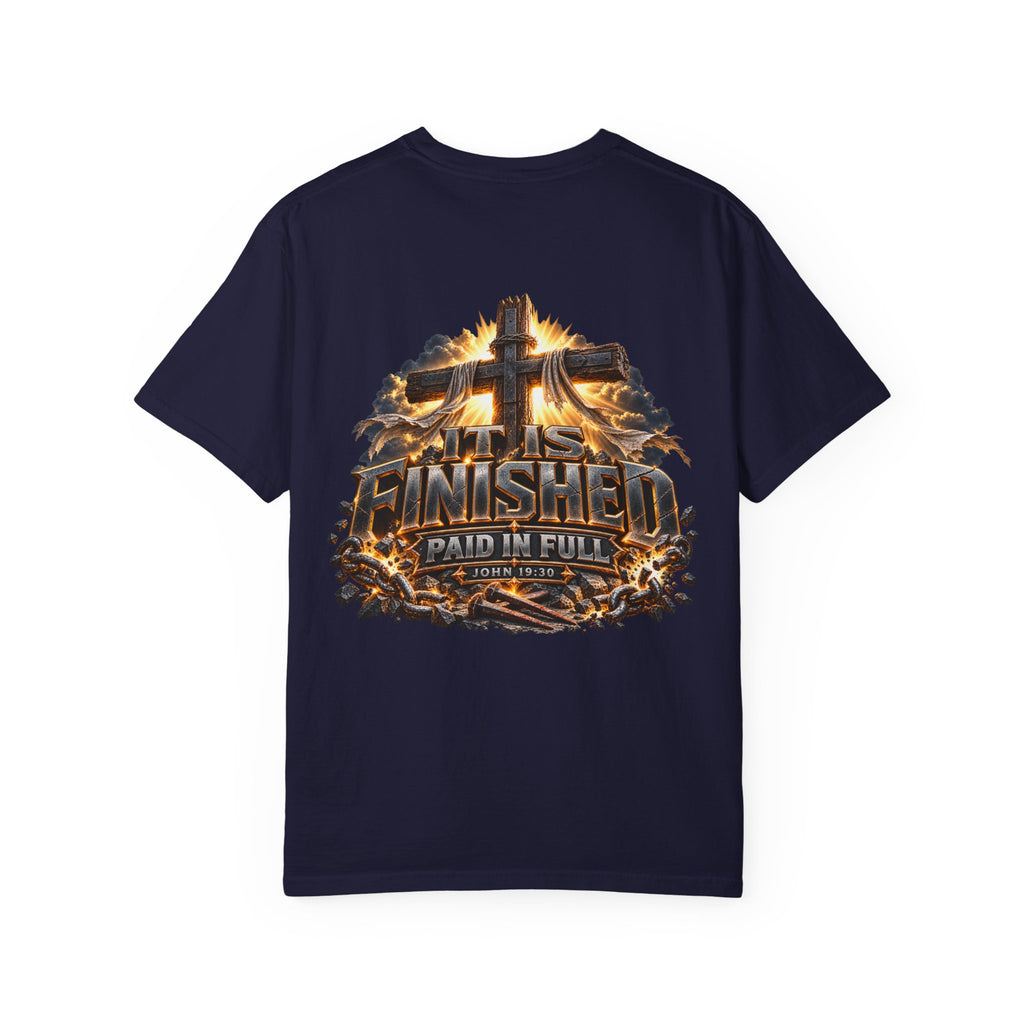 “It Is Finished Cross Flames” Christian T-shirt with cross imagery and ; adventurous casual style.