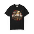 Black T-shirt featuring “Armor Up”, lion artwork and cross imagery and bold lettering; uplifting confidence.