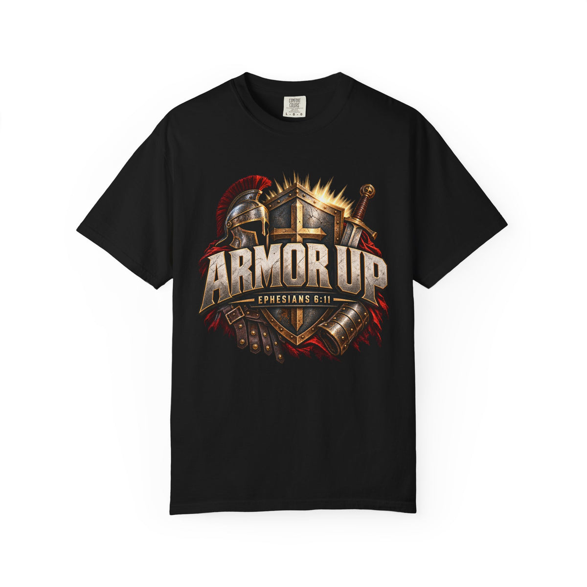 Black T-shirt featuring “Armor Up”, lion artwork and cross imagery and bold lettering; uplifting confidence.