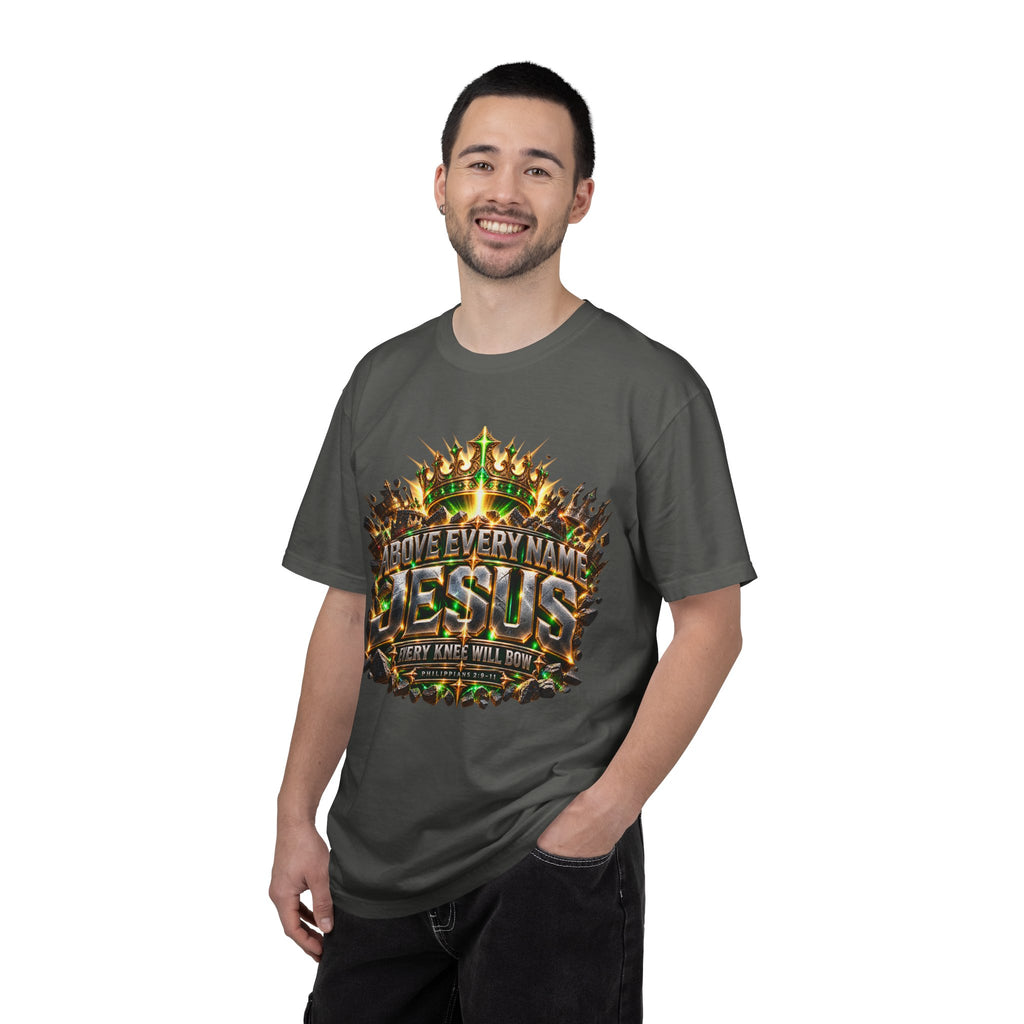 “Above Every Name Jesus graphic” Christian T-shirt with crown imagery and ; understated statement style.