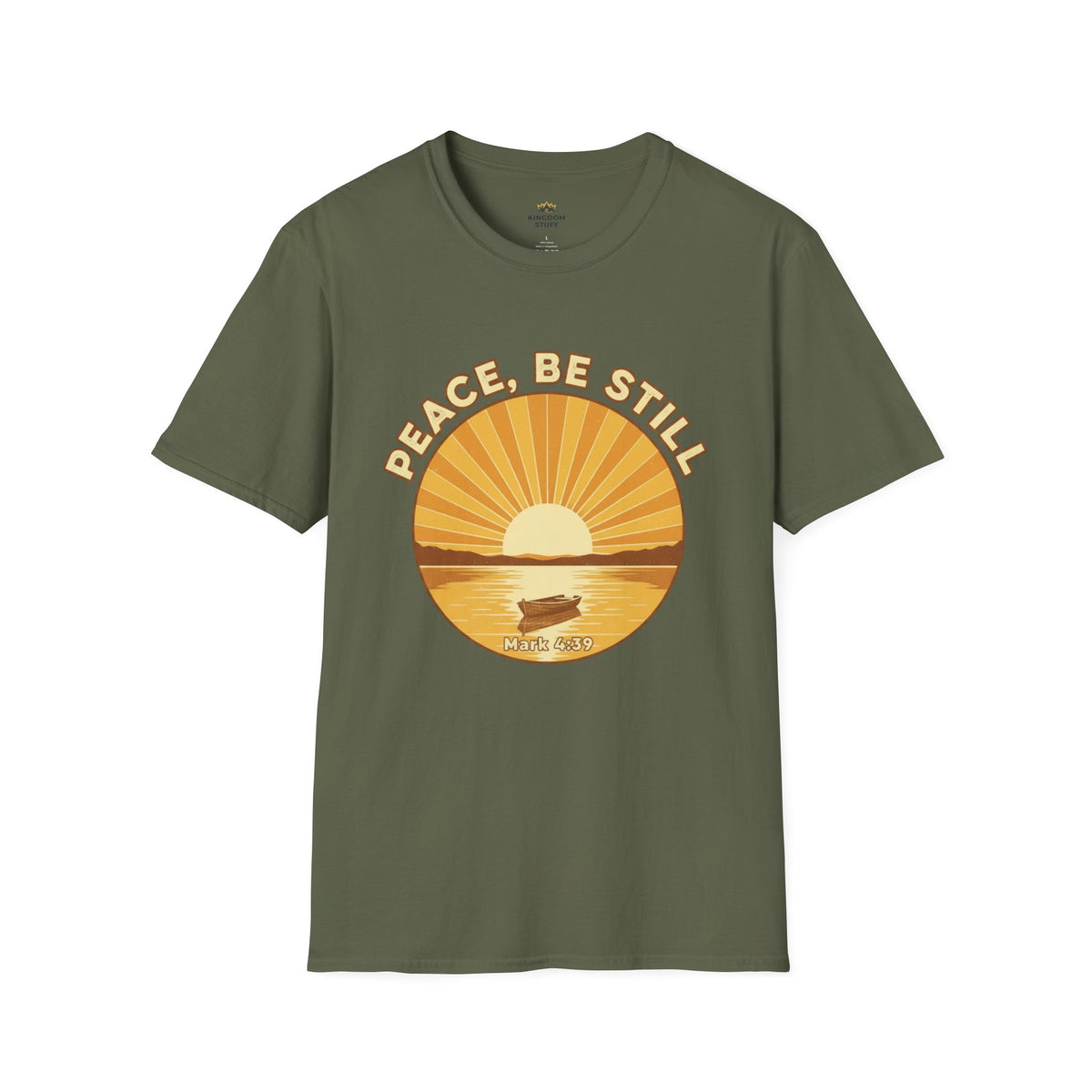 T-shirt featuring “Peace, Be Still”, sunrise detail and coffee detail and vintage lettering; hopeful spirit.