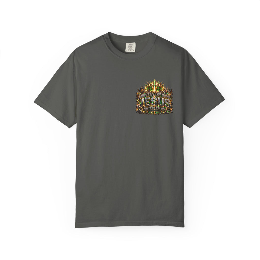 T-shirt featuring “Above Every Name Jesus”, crown imagery and  and forged-style lettering; peaceful assurance.