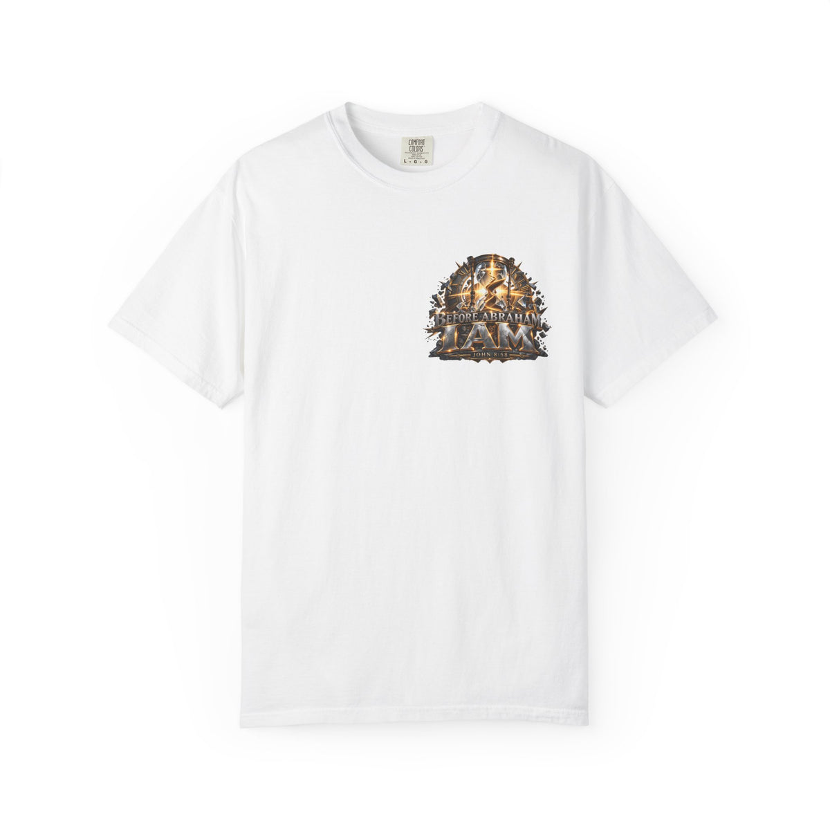 T-shirt featuring “Before Abraham I Am”,  and forged-style lettering; quiet confidence.