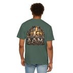 T-shirt featuring “Before Abraham I Am”,  and forged-style lettering; strong conviction.