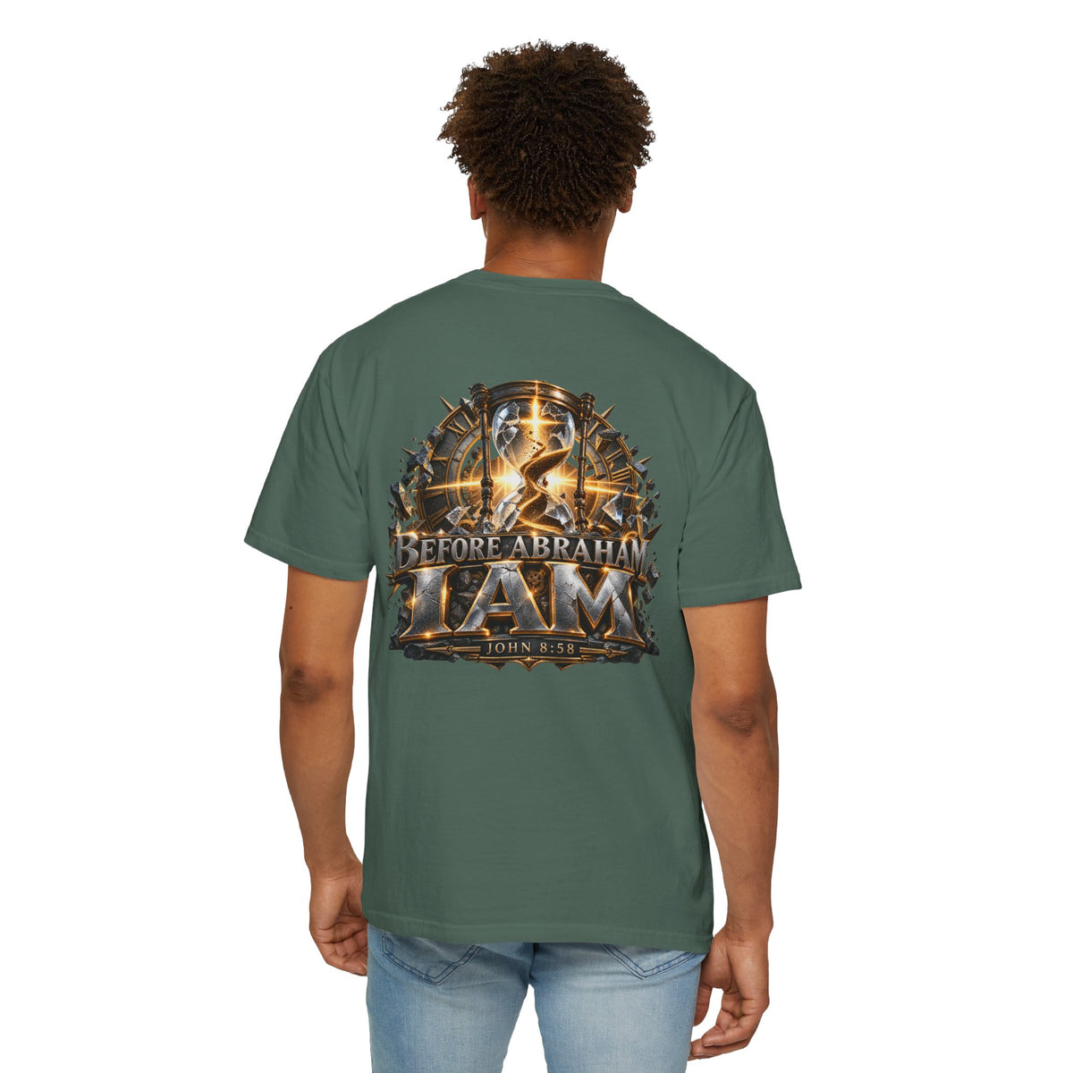 T-shirt featuring “Before Abraham I Am”,  and forged-style lettering; strong conviction.