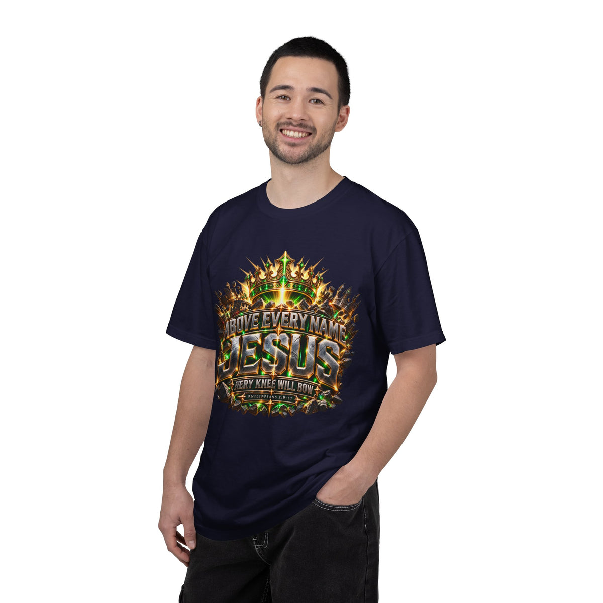 “Above Every Name Jesus graphic” Christian T-shirt with crown imagery and ; uplifting everyday style.