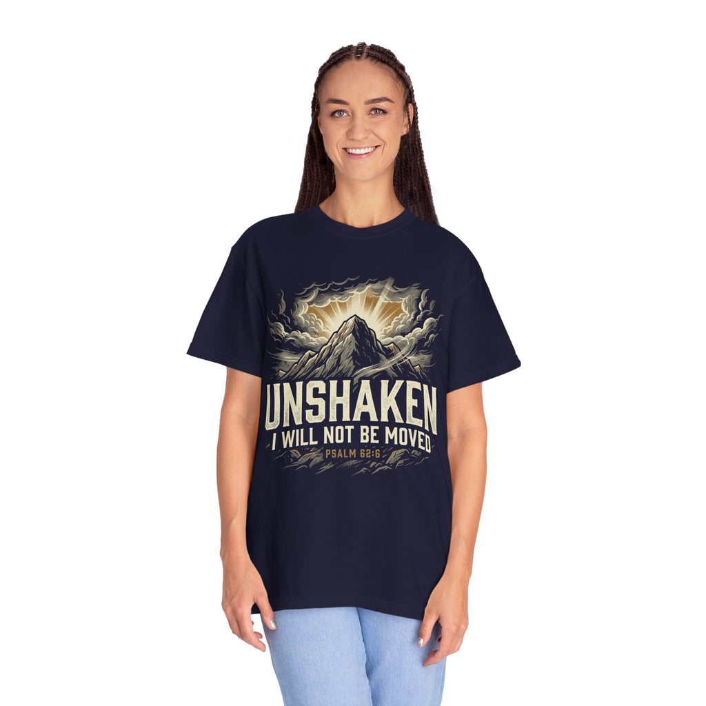 “Unshaken Mountain Illustration” Christian T-shirt with mountain imagery and fire detail; everyday faith style.