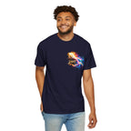 T-shirt featuring “Rainbow Flame Feather 'Be the Light'”, cross imagery and  and script lettering; positive energy.