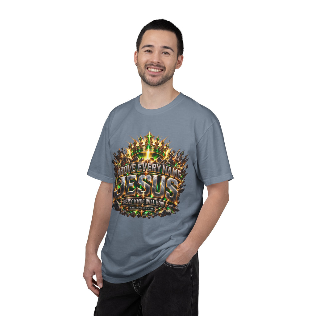 “Above Every Name Jesus graphic” Christian T-shirt with crown imagery and ; quietly assured style.