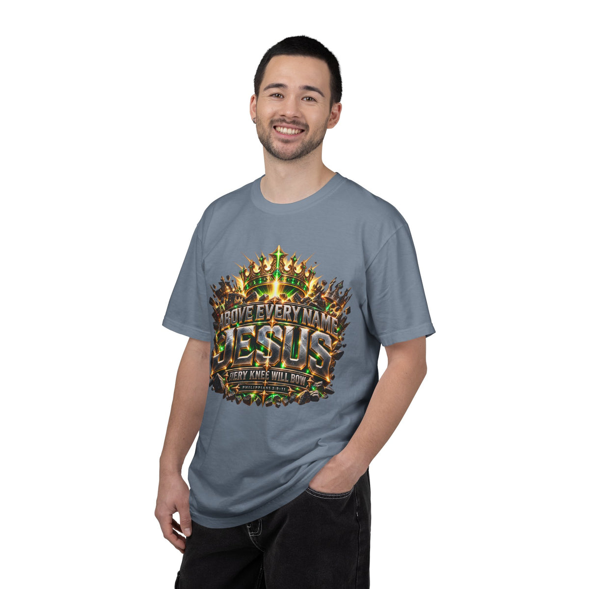 “Above Every Name Jesus graphic” Christian T-shirt with crown imagery and ; quietly assured style.