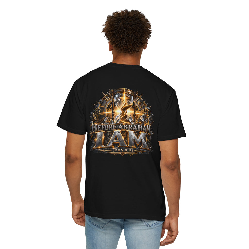 T-shirt featuring “Before Abraham I Am”,  and forged-style lettering; meaningful faith.