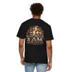 T-shirt featuring “Before Abraham I Am”,  and forged-style lettering; meaningful faith.