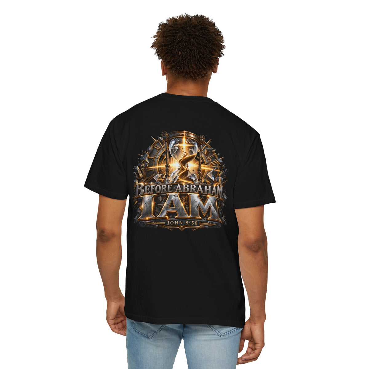T-shirt featuring “Before Abraham I Am”,  and forged-style lettering; meaningful faith.