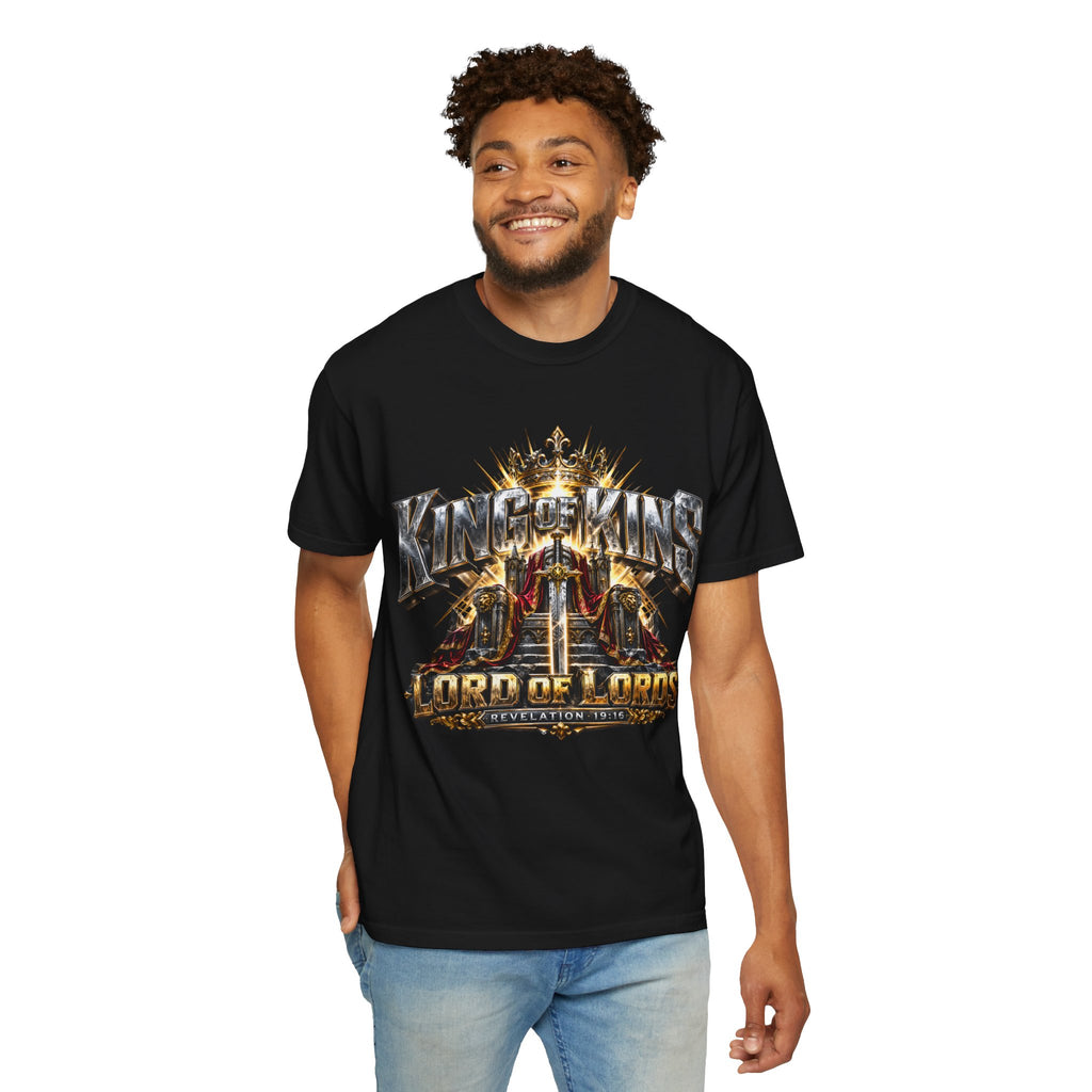 “King of Kings Lord of Lords” Christian T-shirt with crown imagery and ; timeless faith style.