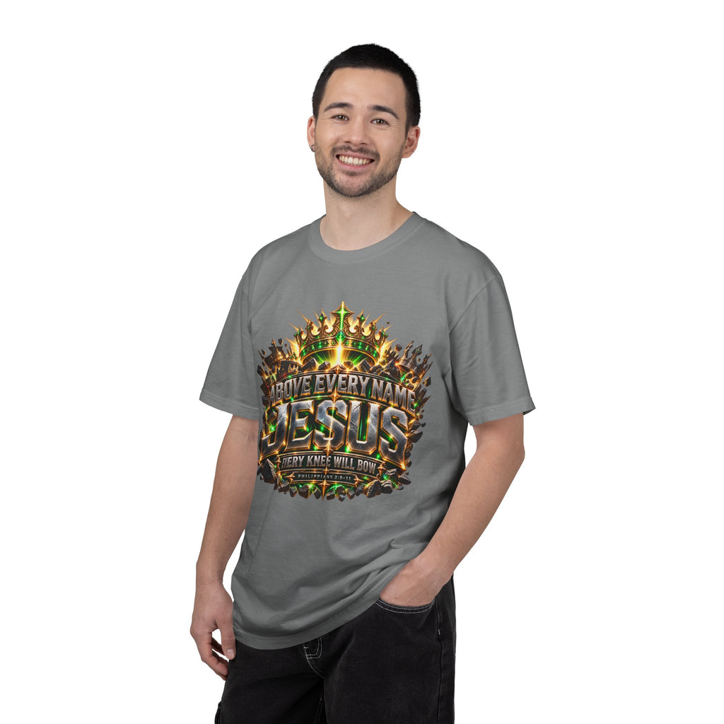 T-shirt featuring “Above Every Name Jesus graphic”, crown imagery and  and forged-style lettering; resilient faith.