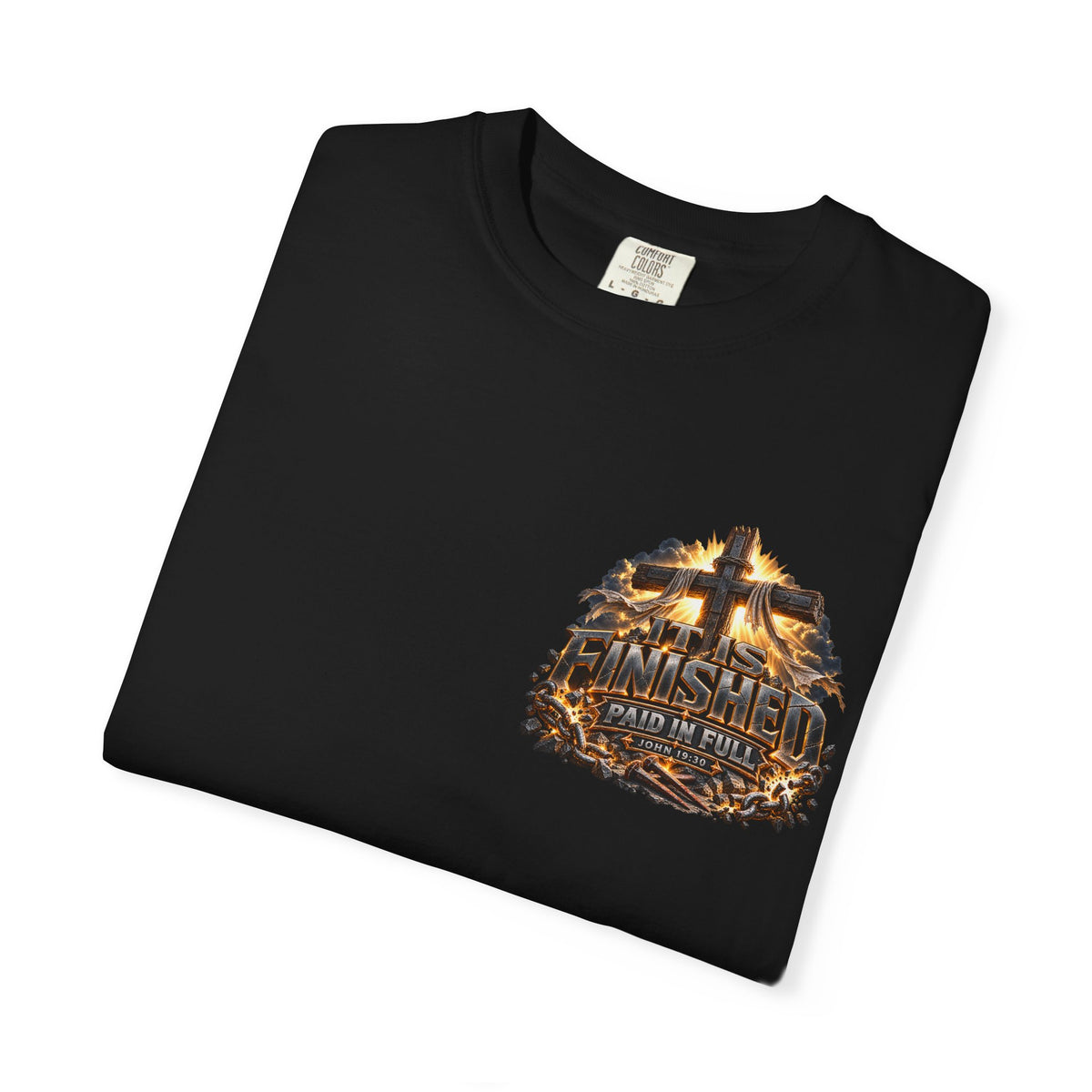 “It Is Finished Cross Flames” Christian T-shirt with cross imagery and ; timeless faith style.