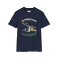 T-shirt featuring “The Heavens Declare Mountain”, mountain imagery and trail imagery and vintage lettering; steadfast faith.