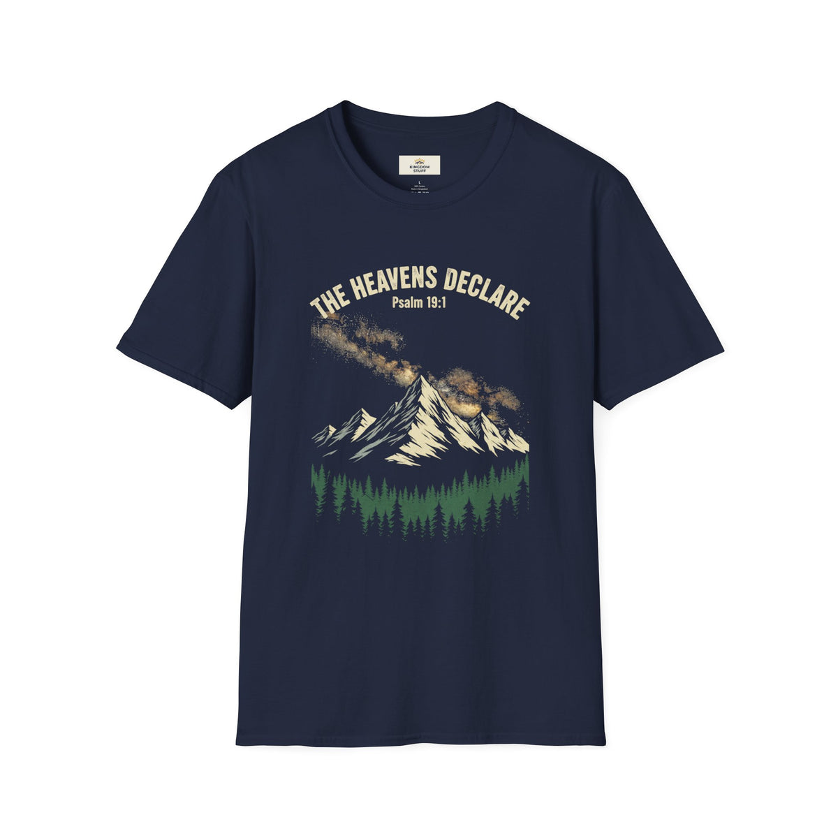 T-shirt featuring “The Heavens Declare Mountain”, mountain imagery and trail imagery and vintage lettering; steadfast faith.