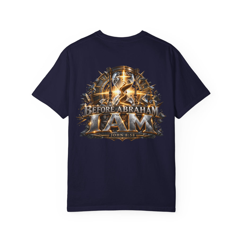 T-shirt featuring “Before Abraham I Am”,  and forged-style lettering; assured simplicity.