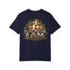 T-shirt featuring “Before Abraham I Am”,  and forged-style lettering; assured simplicity.
