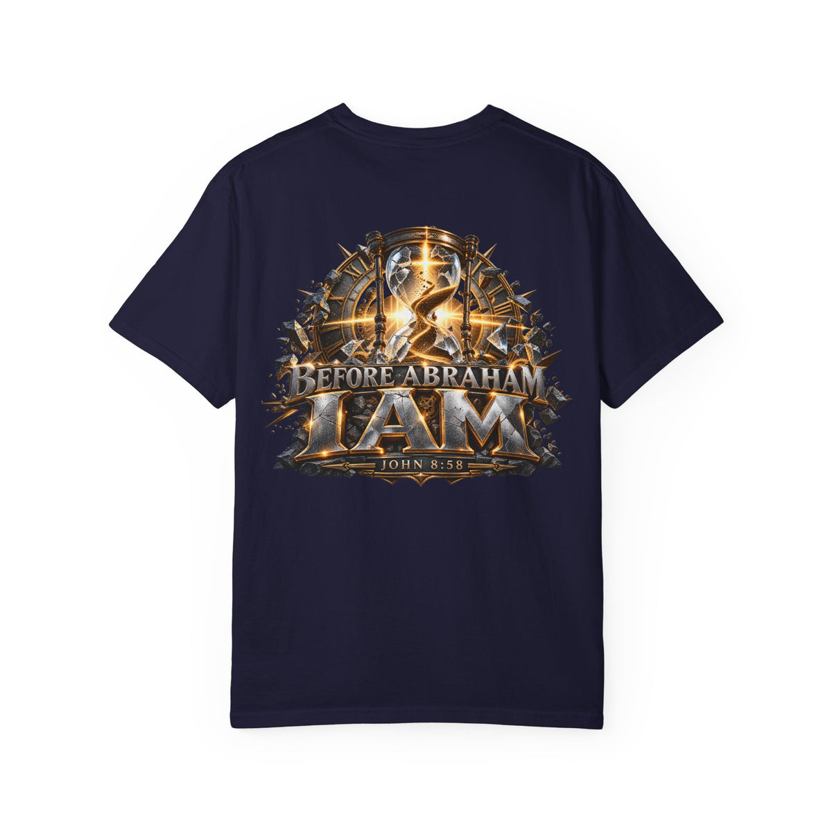 T-shirt featuring “Before Abraham I Am”,  and forged-style lettering; assured simplicity.
