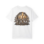 T-shirt featuring “Before Abraham I Am”,  and forged-style lettering; reflective strength.