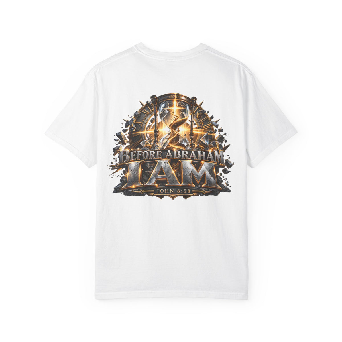 T-shirt featuring “Before Abraham I Am”,  and forged-style lettering; reflective strength.
