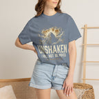 “Unshaken Mountain Illustration” Christian T-shirt with mountain imagery and fire detail; modern statement style.