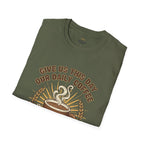 “Give Us This Day Our Daily Coffee” Christian T-shirt with coffee detail and ; expressive everyday style.