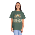 “Unshaken Mountain Illustration” Christian T-shirt with mountain imagery and fire detail; bold faith-led style.